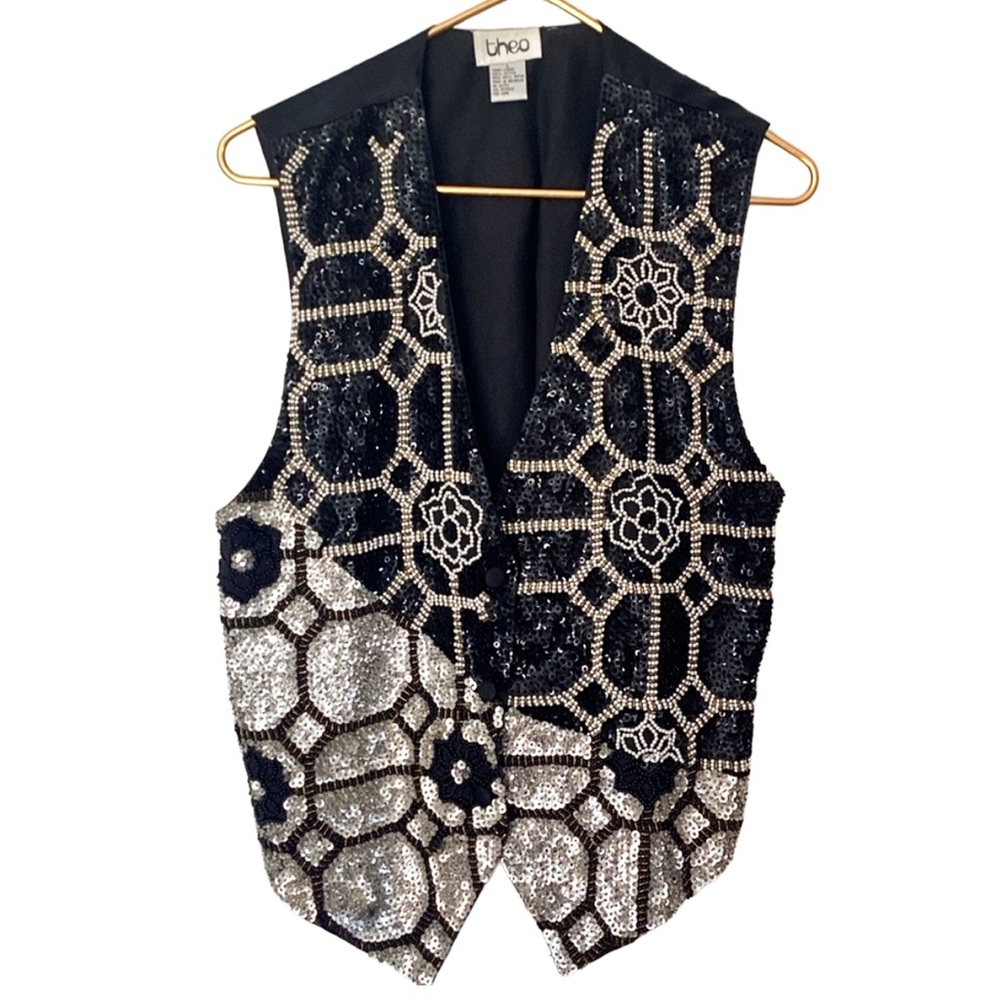 VINTAGE Theo 90’s Embellished Black and Silver Beaded Vest-Dazzling Beadwork! - Picture 11 of 15